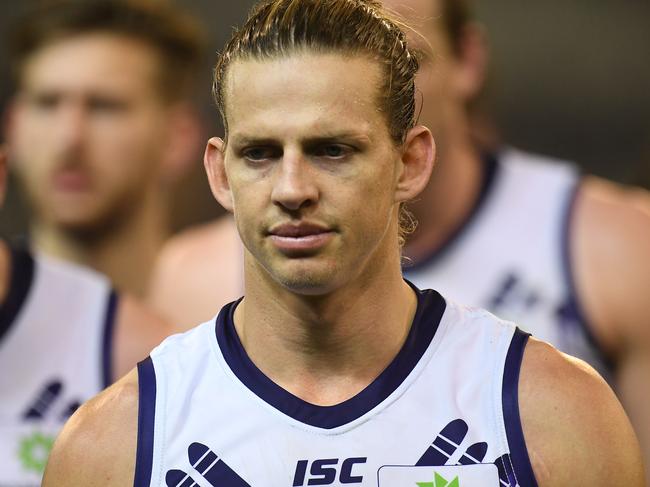 Nat Fyfe of the Dockers reacts after the Round 11 AFL match between the Collingwood Magpies and the Fremantle Dockers at the MCG in Melbourne, Sunday, June 3, 2018. (AAP Image/Julian Smith) NO ARCHIVING, EDITORIAL USE ONLY