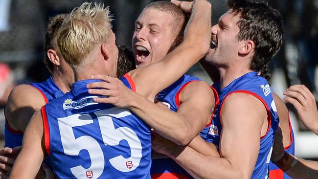 Central District teenager Adam Deakin celebrates his first league goal against North Adelaide at Prospect Oval. Picture: Brenton Edwards.