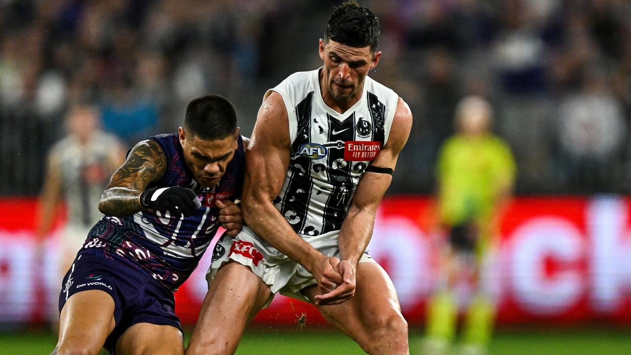 Scott Pendlebury hurt his arm against Fremantle (Photo by Daniel Carson/AFL Photos via Getty Images)