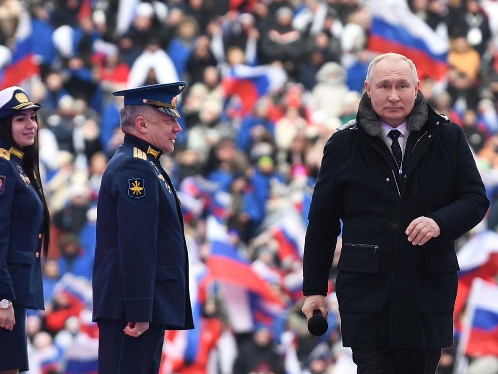 Russian President Vladimir Putin attends a patriotic concert at the Luzhniki stadium in Moscow on February 22, 2023. Picture: AFP.