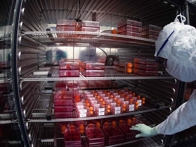 A lab technician takes reagent bottles to perform vaccine tests at a French pharmaceutical company. Picture: Joel Saget/AFP