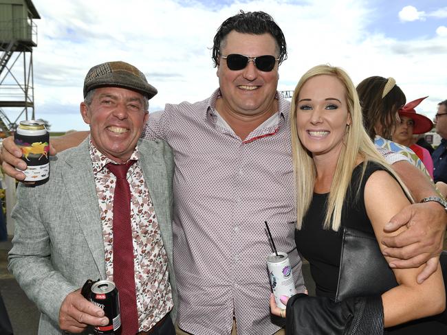 Ladbrokes Sale Cup. Racegoers are pictured attending Cup Day horse races at Sale Turf Club, Sunday 27th October 2024. Steve Dwyer and Claudio Segafredo and Ainsley Davenport. Picture: Andrew Batsch