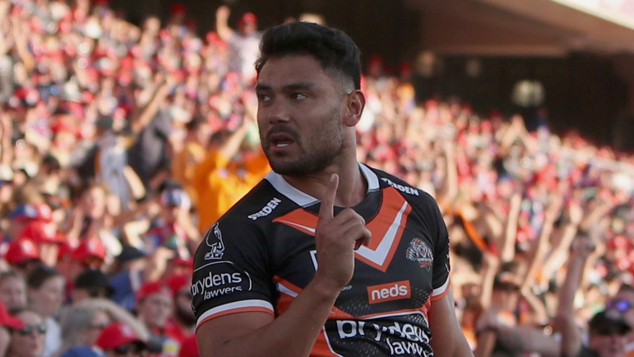 Wests Tigers winger David Nofoaluma has been sanctioned by the club for a “minor slip in standards”. Picture: Ashley Feder/Getty Images