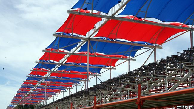 A temporary grandstand being built in Victoria Park for the Clipsal 500.