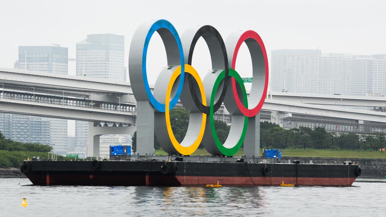 The Olympic rings float in Tokyo Bay near Odaiba Marine Park. Picture: Akio Kon/Bloomberg/Getty