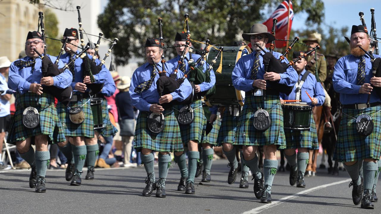 Toowoomba Caledonian Pipe Band in the march to Citizens' Commemoration Service Anzac Day 2019, Thursday, April 25, 2019.