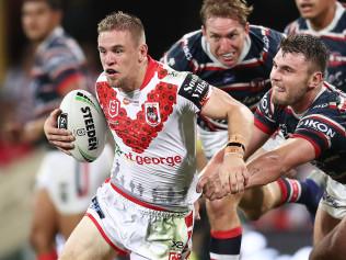 SYDNEY, AUSTRALIA - APRIL 25: Matt Dufty of the Dragons makes a break during the round 7 NRL match between the Sydney Roosters and the St George Illawarra Dragons at the Sydney Cricket Ground on April 25, 2019 in Sydney, Australia. (Photo by Matt King/Getty Images)