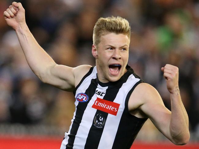 AFL 2nd Semi-Final. 15/09/2018. Collingwood vs GWS Giants at the MCG.  Collingwood's Jordan De Goey celebrates his goal in the second quarter   . Pic: Michael Klein