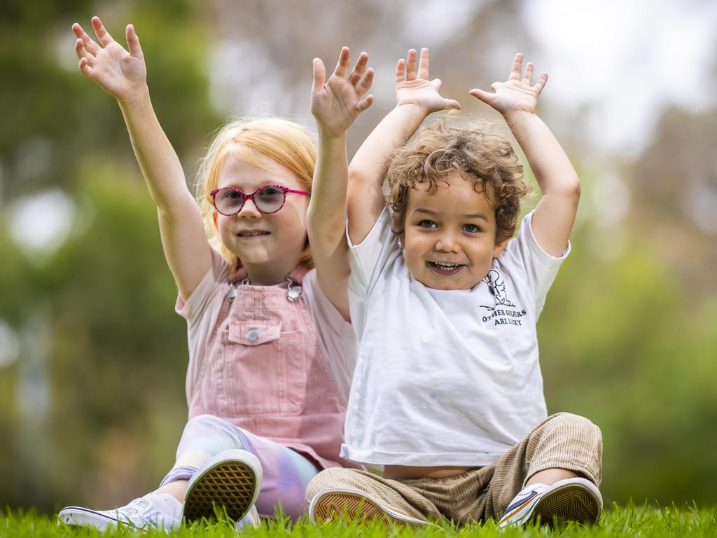 Reggie Randall (8) and Ray Graham (3) helped celebrate the 20th anniversary of the Victorian Infant Hearing Screening Program. Picture: Jake Nowakowski