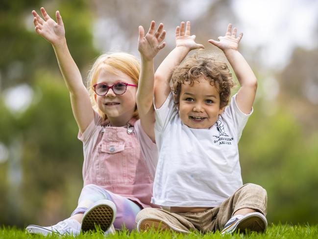 Reggie Randall (8) and Ray Graham (3) helped celebrate the 20th anniversary of the Victorian Infant Hearing Screening Program. Picture: Jake Nowakowski