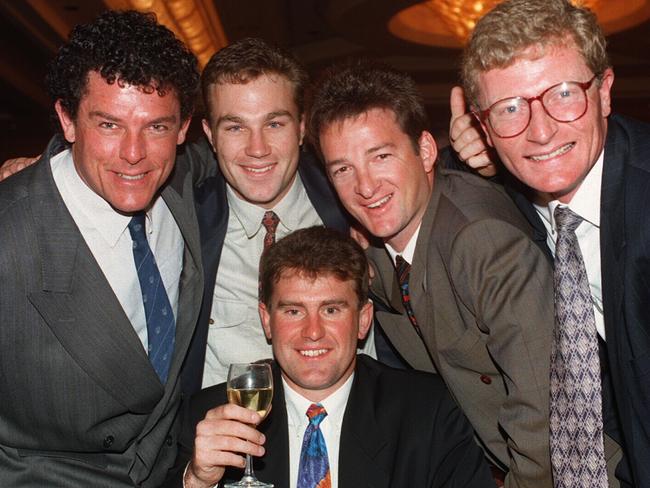 Australian captain Mark Taylor (seated) with (L-R) Mike Whitney, Michael Slater, Mark Waugh and Peter Taylor in 1994.