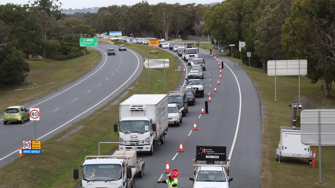 The hard border and long Queues return to the Qld NSW border on the Gold Coast. Long Queues on the Gold Coast highway atCoolangatta. Picture: Glenn Hampson.