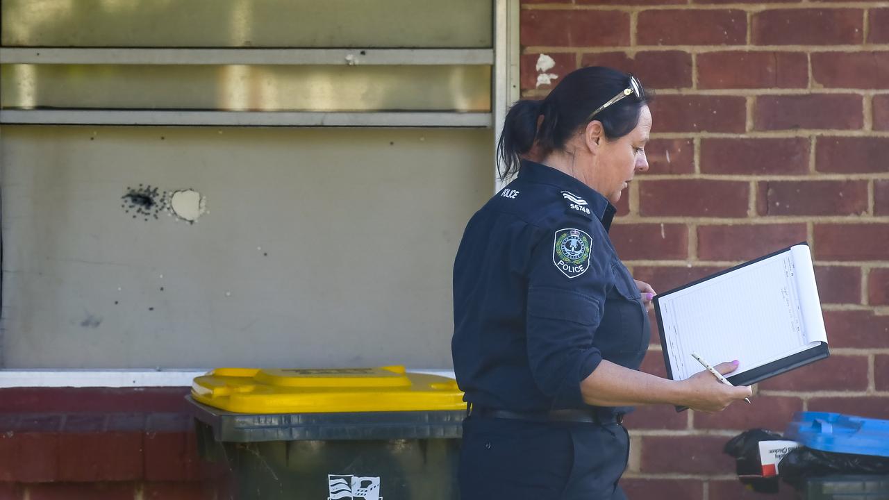 A damaged window after shots were fired at the Nelson St unit. Picture: Roy VanDerVegt