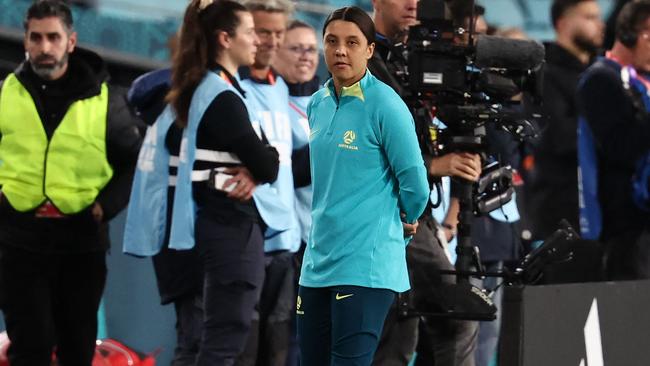 Sam Kerr was all smiles by the end of her night, despite the personal anguish. Photo by DAVID GRAY / AFP.