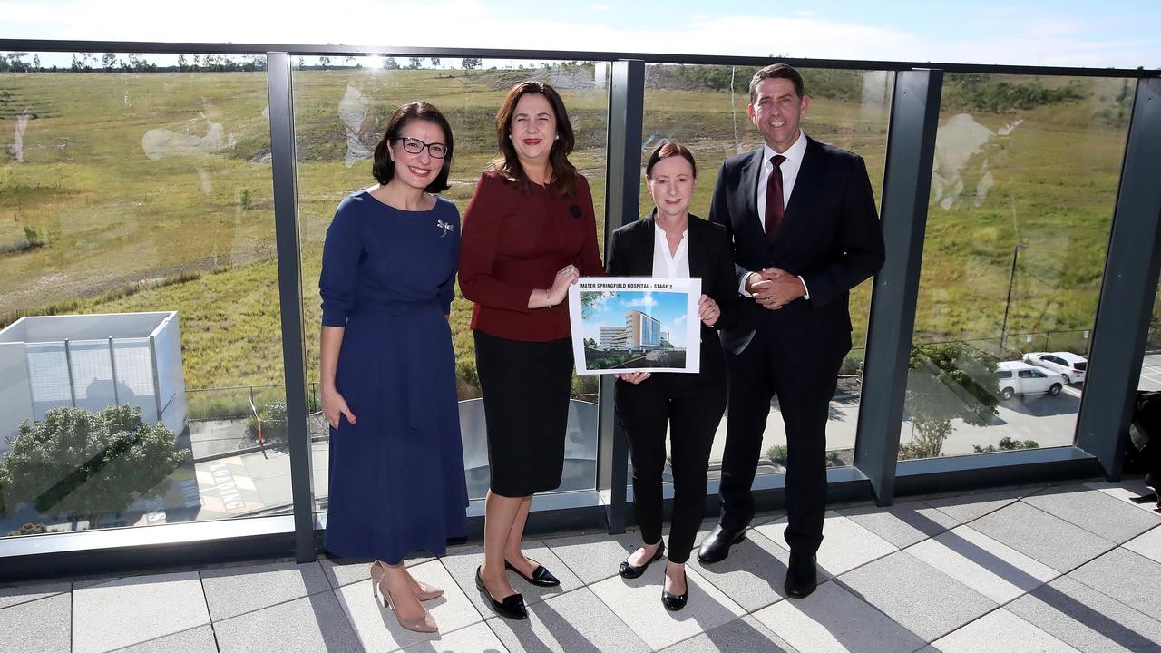 Jordan MP Charis Mullen, Premier Annastacia Palaszczuk, Health Minister Yvette D'Ath and Treasurer Cameron Dick at the announcement of a public hospital for Springfield on May 31.