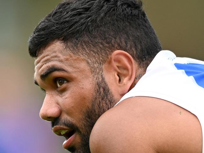 MELBOURNE, AUSTRALIA - MARCH 18: Tarryn Thomas of the Kangaroos looks on during the VFL Practice Match between North Melbourne and Williamstown at Arden Street Ground on March 18, 2023 in Melbourne, Australia. (Photo by Morgan Hancock/Getty Images)