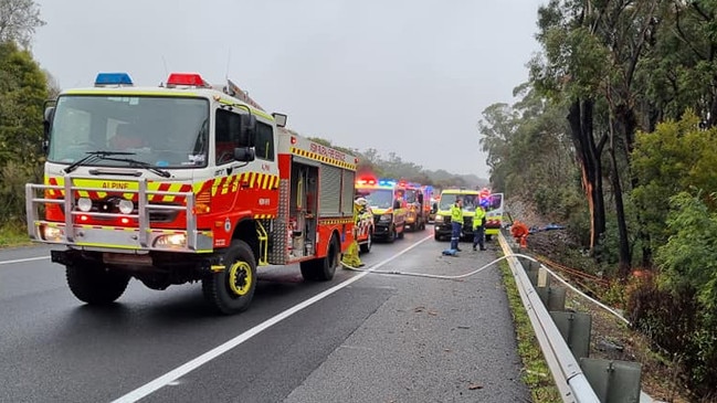 Emergency teams stabilised the truck using heavy haulage equipment to allow for the driver to be assessed by paramedics. Picture: NSW RFS