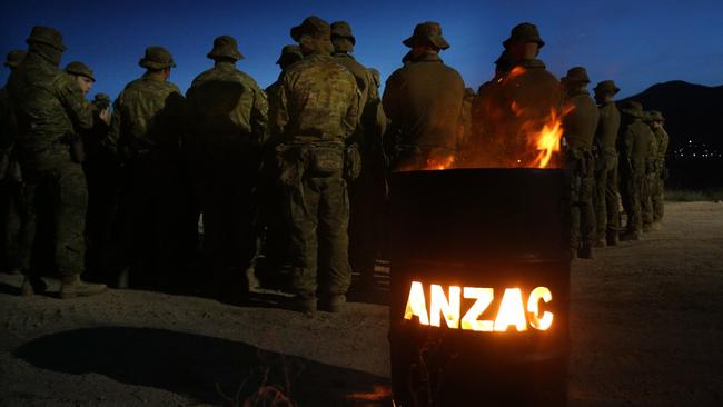 Afghanistan Military Dawn Service at Camp Qargha on the outskirts of Kabul, soldiers from 3RAR gathered to remember former members of the battalion in 2019. Picture: Gary Ramage