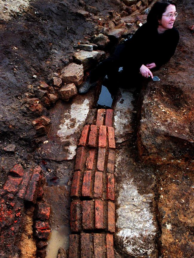 Archaeologist Mary Casey at the site of a convict-built road and drain at the Conservatorium of Music. Picture: Picture: Jeff Darmanin