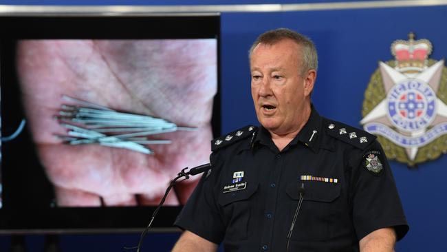 Inspector Andrew Gustke addresses the media at the Victorian Police about the incident. Picture: James Ross