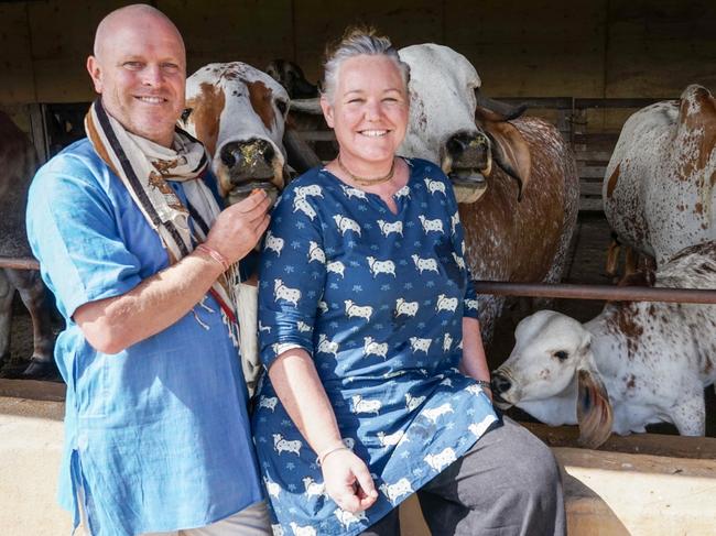 Hare Krishna Valley farmers Atulya and Keshava Jenkins at Bambra. Picture: Rachel Simmonds