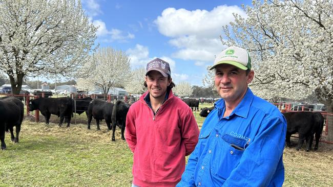 Repeat purchaser at Rennylea, Culcairn, Andy Wettenhall of Holbrook pictured with Corey Parker of H Francis and Co. Picture: Nikki Reynolds