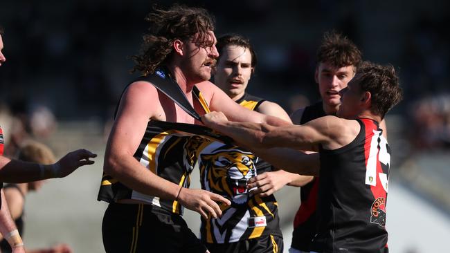 Jack Tomkinson (Tigers) and Jack Avent (North Launceston) will meet again in round 6 after a heated grand final last season. Picture: Nikki Davis-Jones