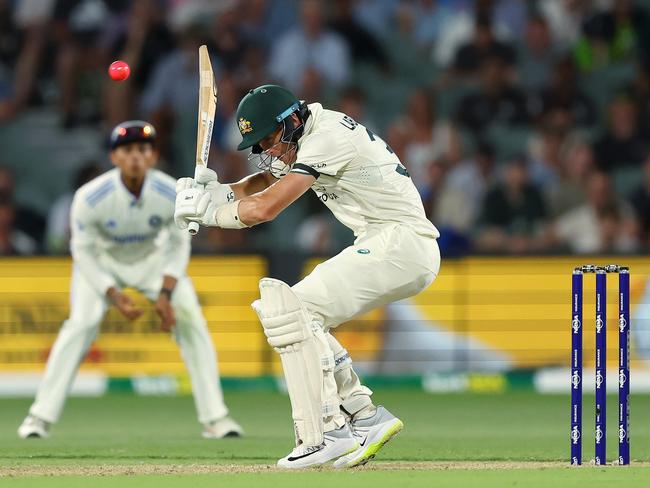 Labuschagne ducking under a bouncer during the tricky night session on day 1. Picture: Paul Kane/Getty Images