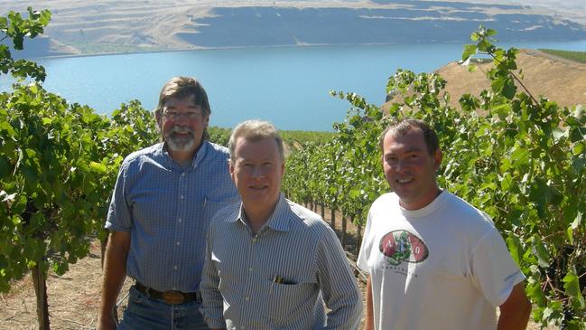 Long Shadows full-time winemaker Gilles Nicault, John Duval and Sequel Syrah grower Bill Denhoad at the Wallula Vineyard, Columbia Valley, Washington State USA. Picture: Supplied