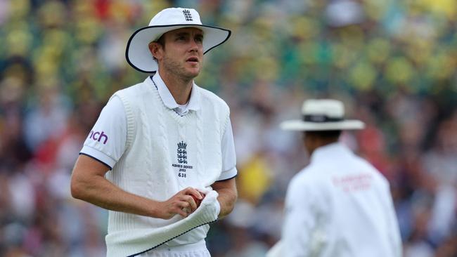 England's Stuart Broad polishes the ball during what will be his final Test. Picture: AFP