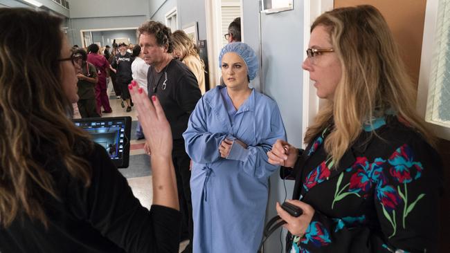 Finch (centre) had the Grey’s Anatomy cast and crew believing she was battling a rare form of cancer. Picture: Getty