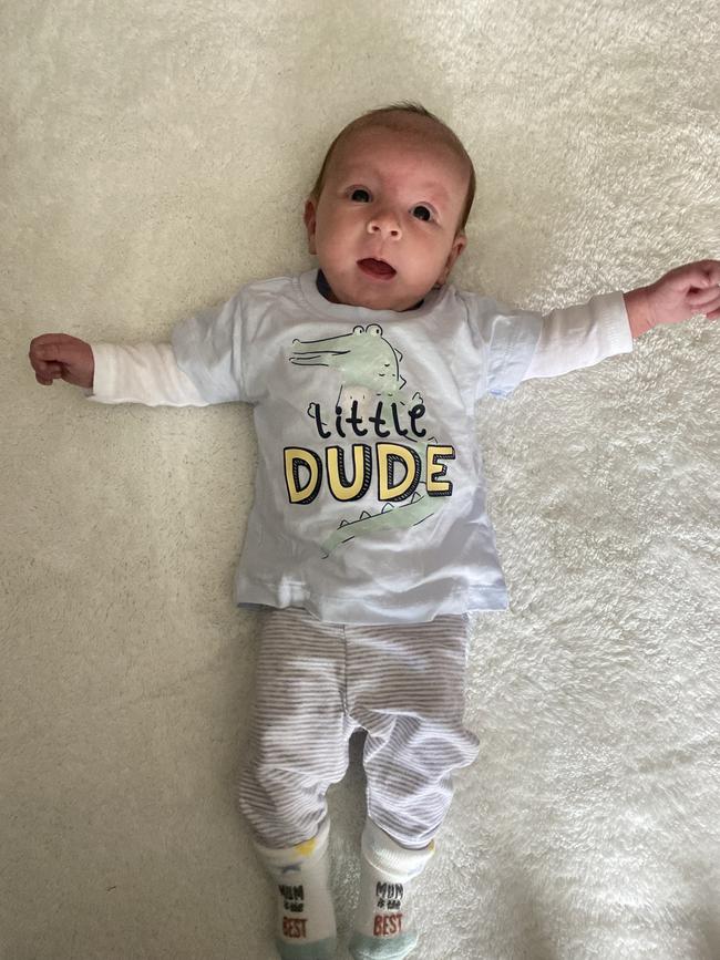 Theodore Bartlett, six weeks old. Hi my name is Theo. I quite enjoy looking at the big world around me. I love making mummy and daddy laugh by making a grumpy face. My favourite toy to sleep with is Sid the Sloth. I love having cuddles with my mummy and daddy.