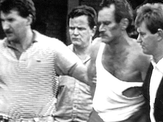 Russell Cox with fellow escapee Ray Denning following his capture at Doncaster Shoppingtown in 1988.