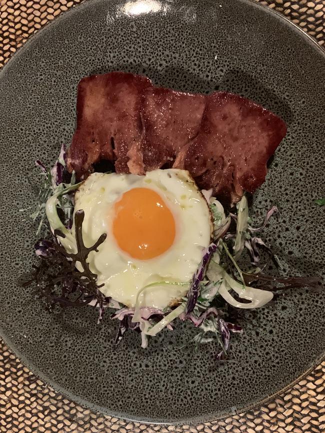 Beef tongue, red cabbage and fennel salad &amp; fried eggs is served at the Salopian Inn.