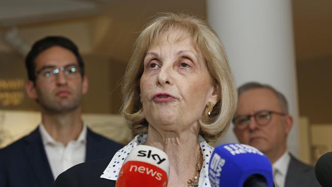 Special envoy on anti-Semitism Jillian Segal speaks, with Anthony Albanese behind to her right. Picture: NewsWire / John Appleyard