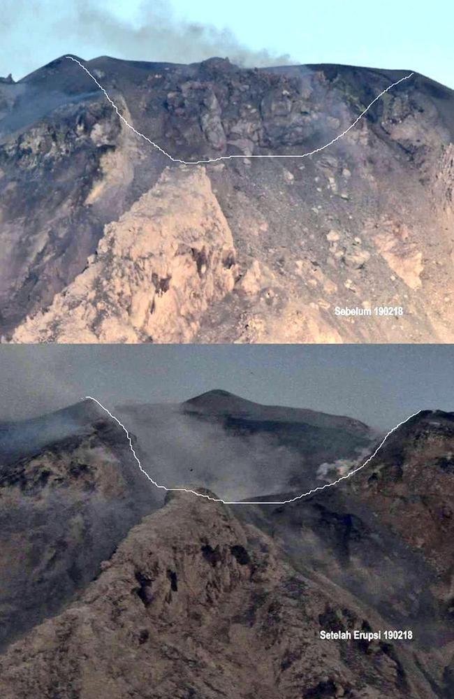 Blown its top: The summit of Mount Sinabung before and after the explosive eruption on February 19. Picture: Center for Volcanology and Geological Hazard Mitigation via AP