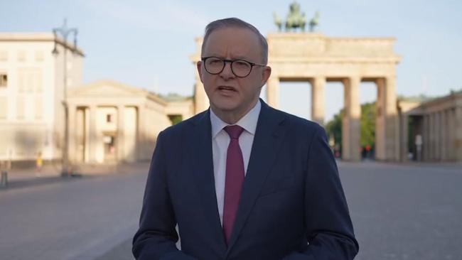 Prime Minister Anthony Albanese speaking earlier today in Berlin ahead of NATO Summit. Picture: Twitter