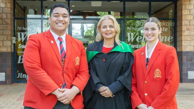 St John's Anglican College captains Lincoln Maufoe and Mikayla Braithwaite with College Principal, Mrs Maria McIvor. Picture: Contributed