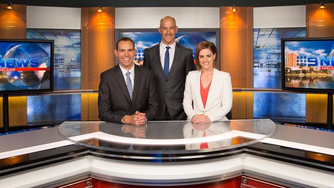 Nine Adelaide news team – Brenton Ragless, Warren Tredrea and Kate Collins.