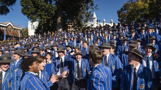 The Grammar boys get behind their team during the O'Callaghan Cup on Grammar Downlands Day at Toowoomba Grammar School, Saturday, August 19, 2023. Picture: Kevin Farmer