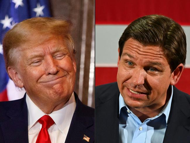 (COMBO) This combination of pictures created on May 05, 2023 shows former US President Donald Trump in Columbia, South Carolina, on January 28, 2023 and Florida Governor Ron DeSantis in Hialeah, Florida, on November 7, 2022. - He is young, scandal-free, and a darling of conservatives for his embrace of an "anti-woke" agenda that has fueled his meteoric rise within the Republican Party. Yet, Florida Governor Ron DeSantis has failed to lay a glove on Trump in the race to challenge President Joe Biden for the White House in 2024, baffling observers who see the twice-impeached former president as eminently beatable. (Photo by Logan Cyrus and Eva Marie UZCATEGUI / AFP)