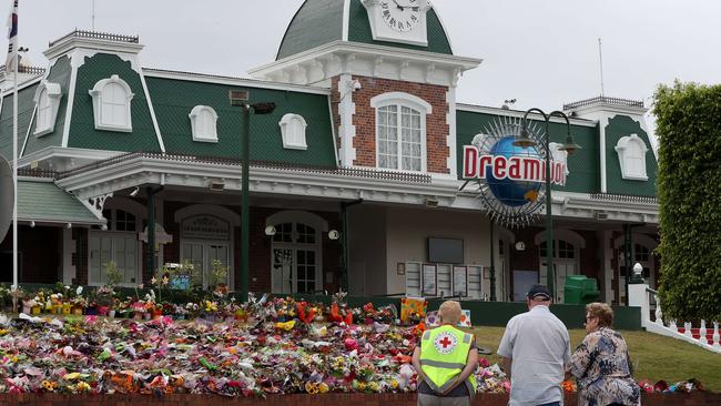 Members of the general public paying their respects at Dreamworld after the tragedy. Picture: Scott Fletcher.