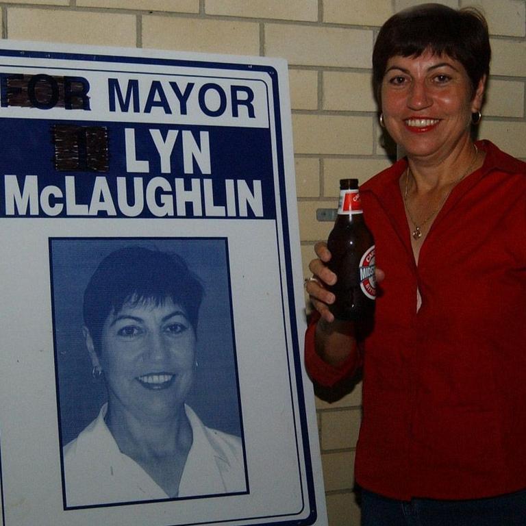 2004: Burdekins new Mayor Lyn McLaughlin with the placard friends altered at the victory party after her convincing win in the election.