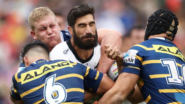 Panthers prop James Tamou is wrapped up by the Eels defence. Picture: Getty Images