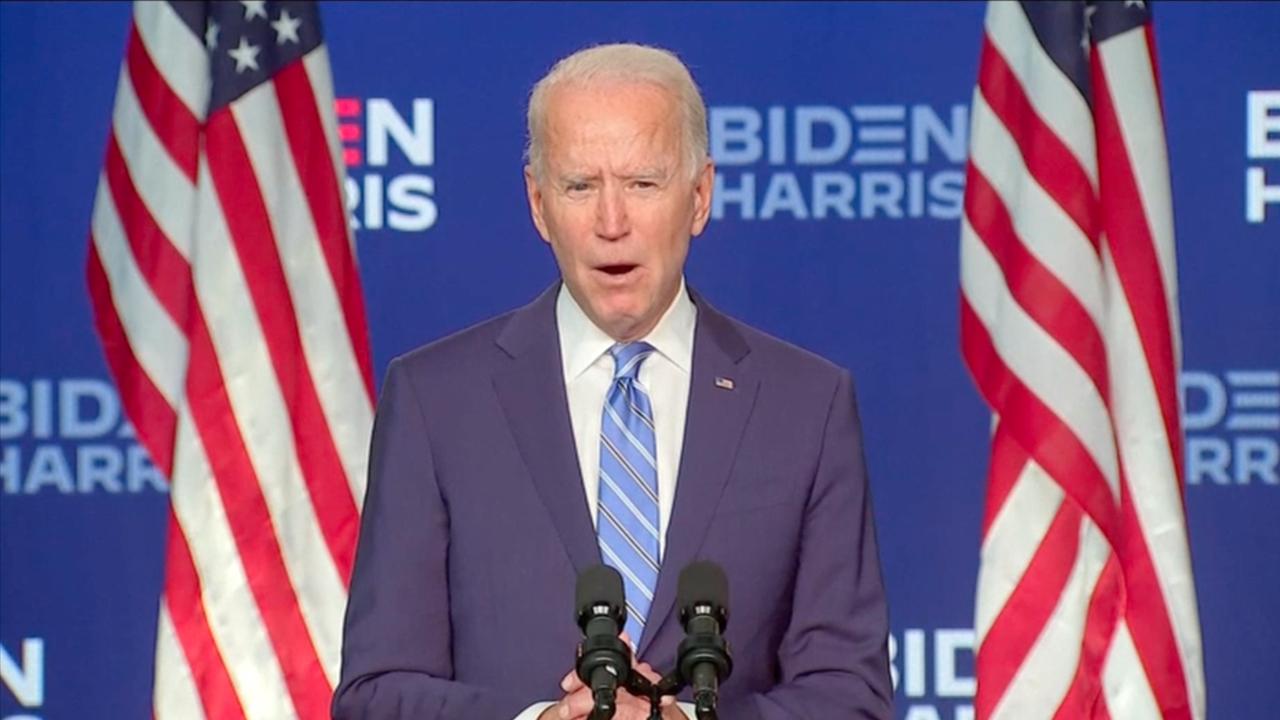 Joe Biden fronts the cameras on Wednesday evening in the US. Biden spoke from Wilmington, Delaware – Its been a long, difficult campaign. Votes currently stand at 248 Biden to 214 Trump.