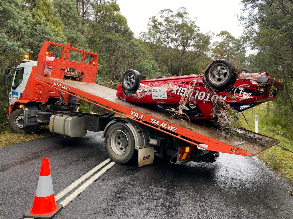 The 1979 Mazda RX-7 of Shane Navin and co-driver Glenn Evans is retrieved. Picture: Supplied