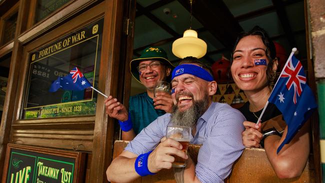 Tommy Slatter, Neil Jones and Judy Chute are excited for the celebrations at the Fortune of War pub in The Rocks. Picture: Justin Lloyd.