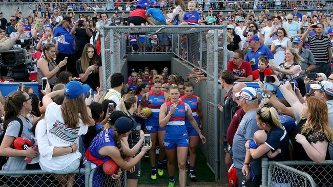 A huge crowd cheers the Western Bulldogs onto Whitten Oval. Picture: Wayne Ludbey