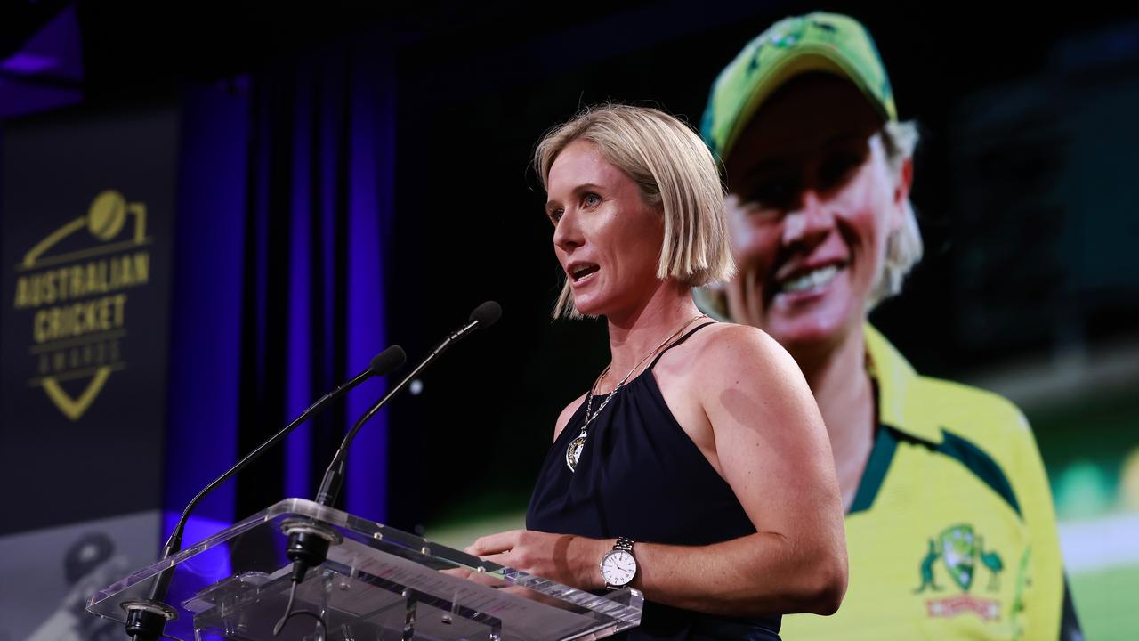 Mooney gives a speech after being awarded the Belinda Clark medal. Picture: Getty Images