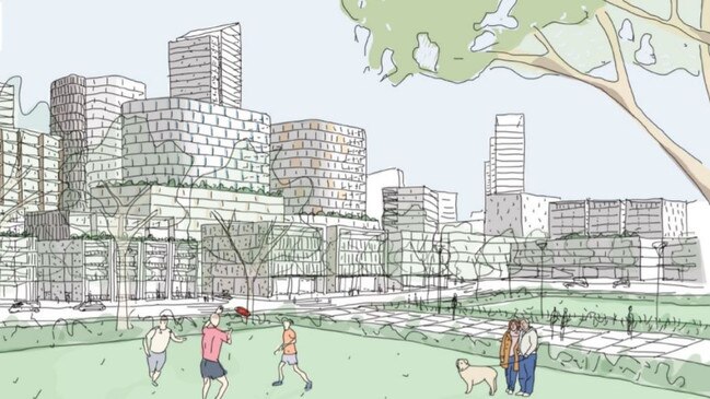 Artist’s impressions of a new look McCabe Park, with Burelli Street’s proposed “commercial core in the background. Picture: Wollongong City Council